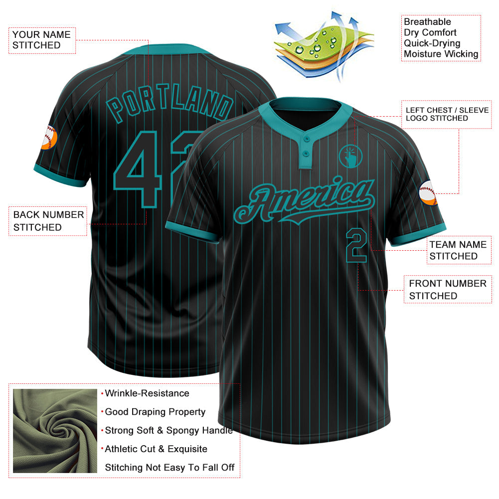 Custom Black Teal Pinstripe Teal Two-Button Unisex Softball Jersey view 3