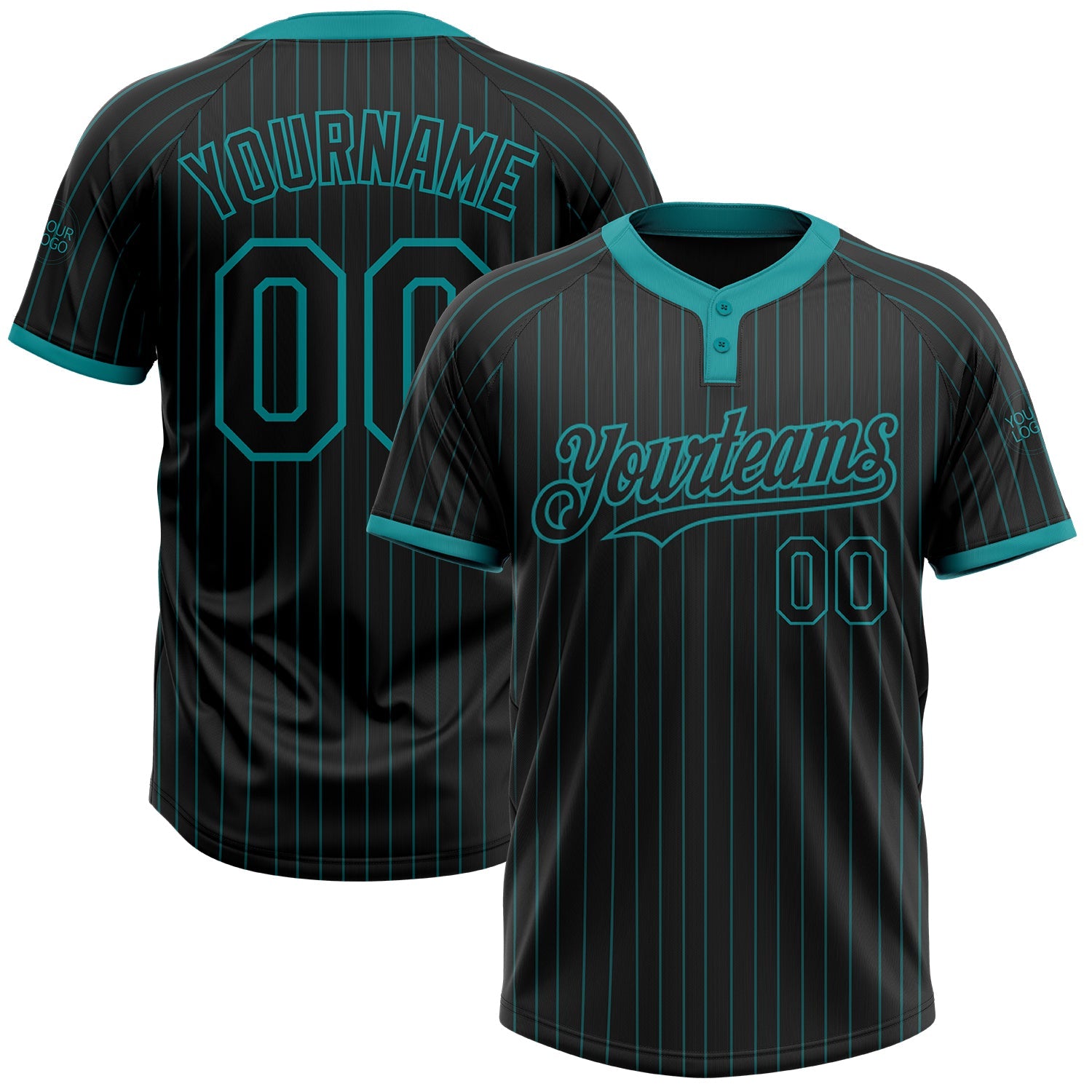 Custom Black Teal Pinstripe Teal Two-Button Unisex Softball Jersey - Main View