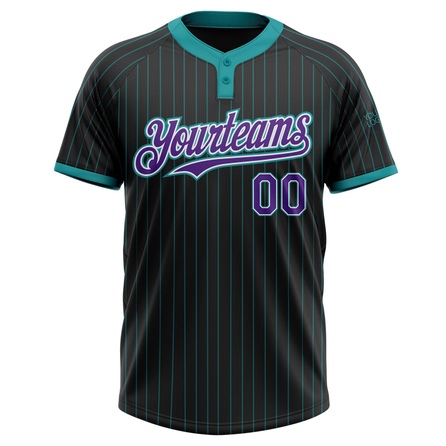 Custom Black Teal Pinstripe Purple-White Two-Button Unisex Softball Jersey view 2