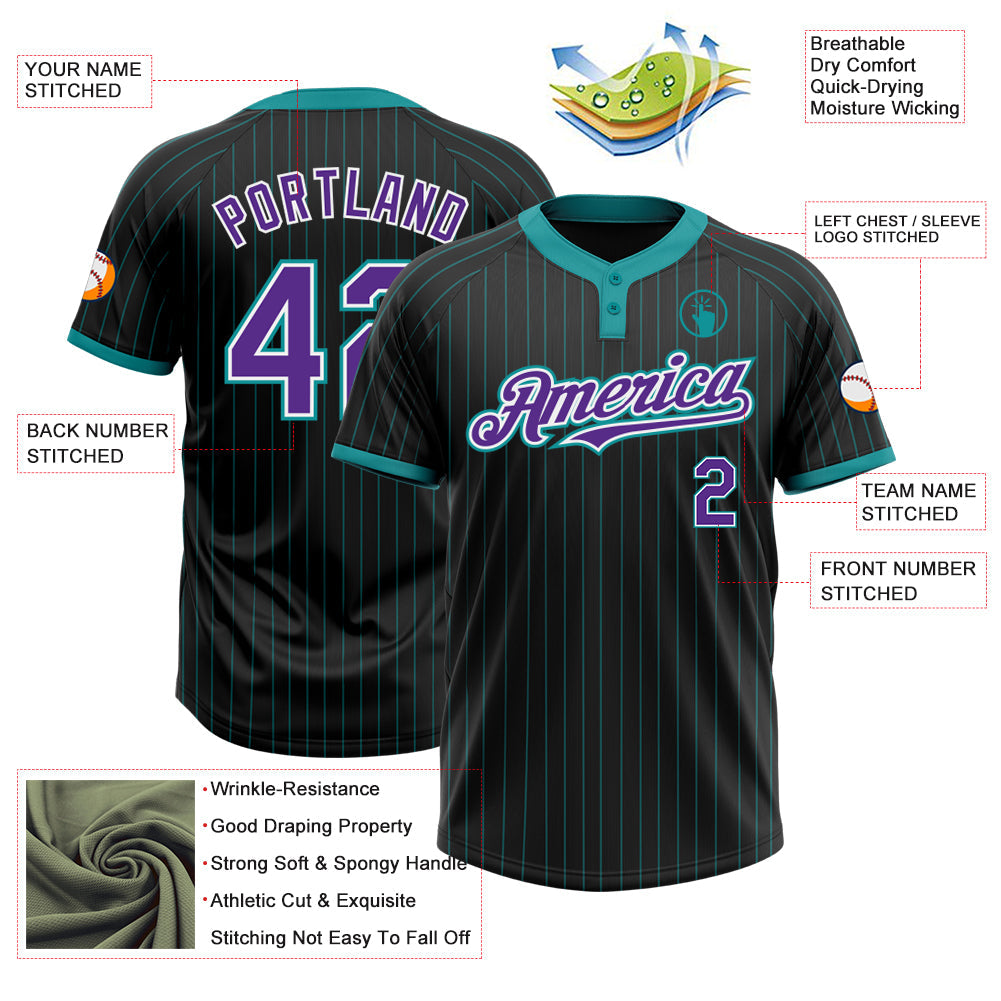 Custom Black Teal Pinstripe Purple-White Two-Button Unisex Softball Jersey view 3
