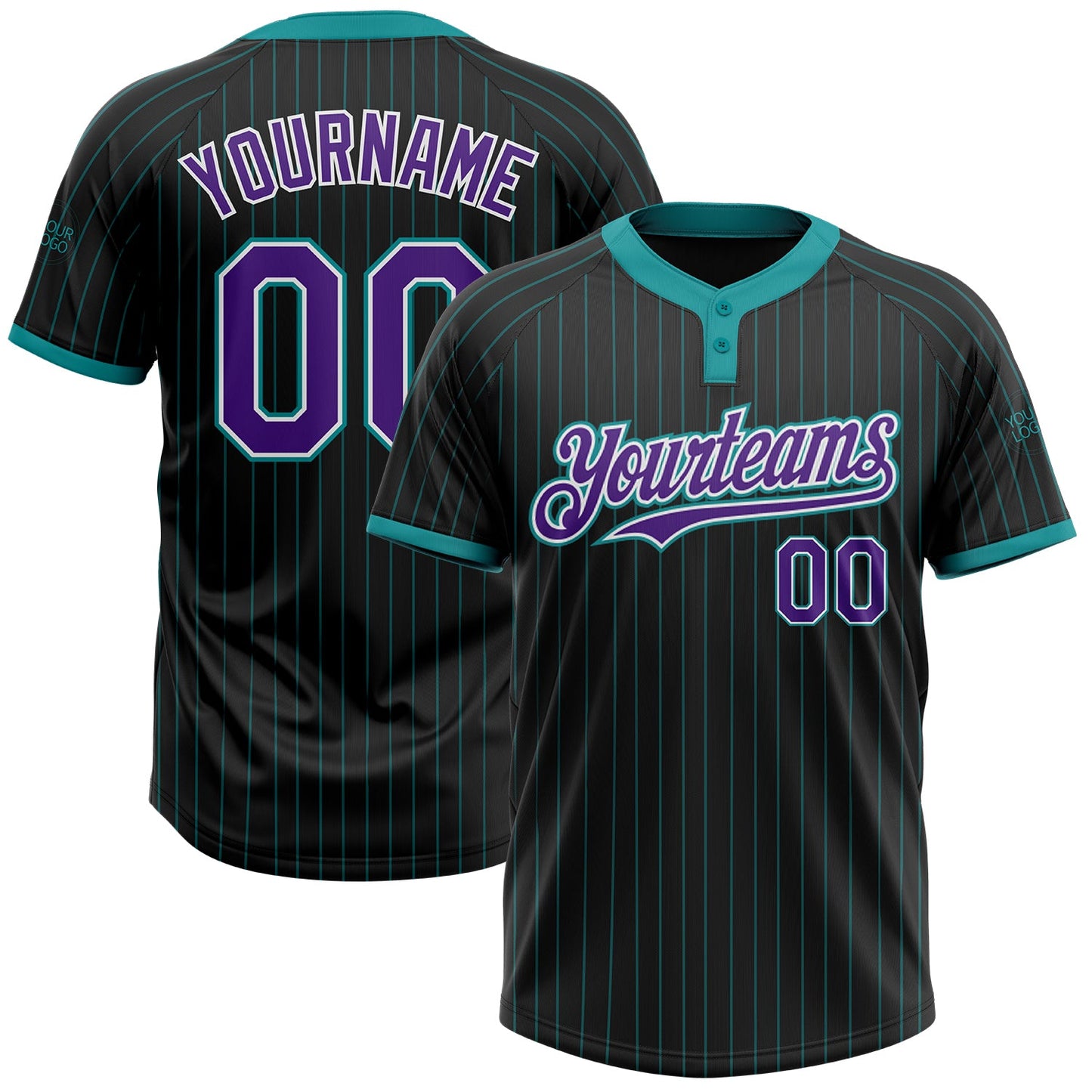 Custom Black Teal Pinstripe Purple-White Two-Button Unisex Softball Jersey - Main View