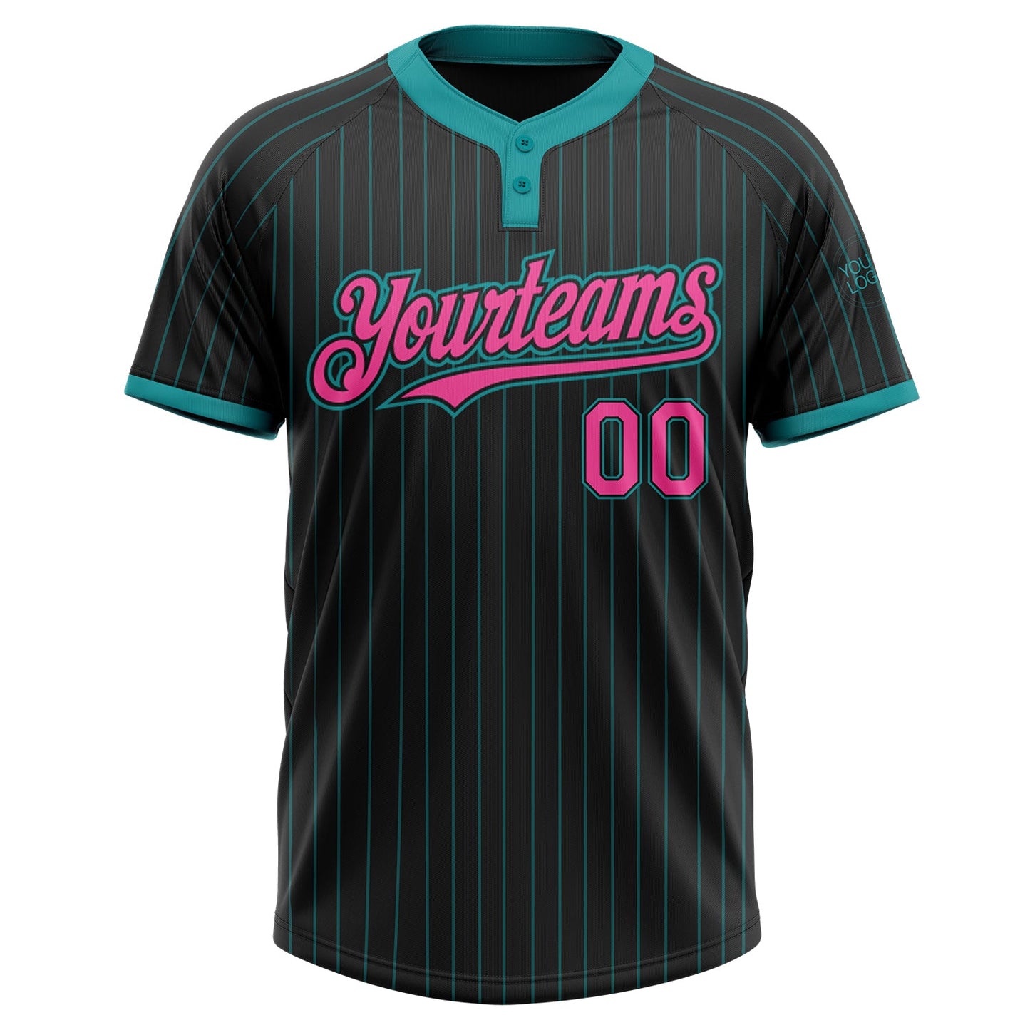 Custom Black Teal Pinstripe Pink Two-Button Unisex Softball Jersey view 2