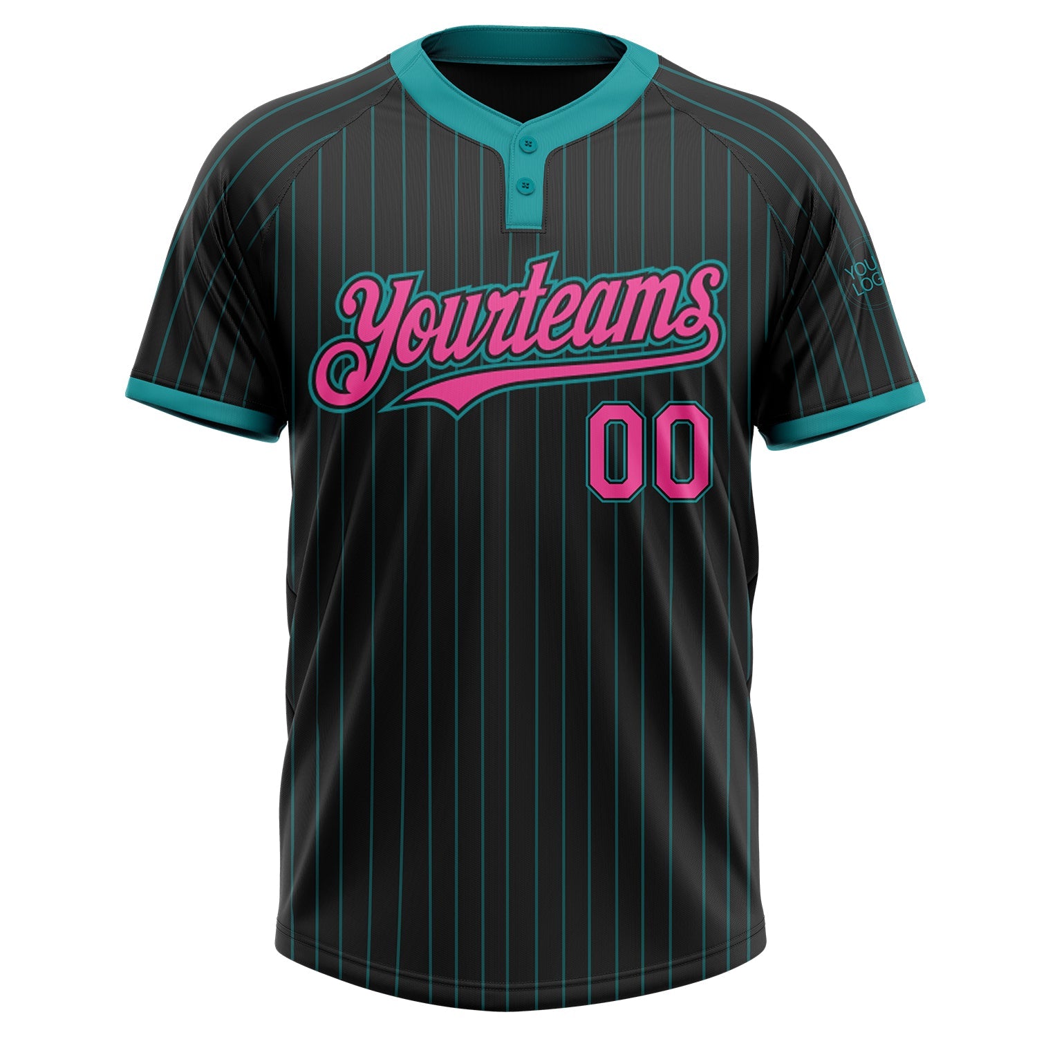 Custom Black Teal Pinstripe Pink Two-Button Unisex Softball Jersey view 2