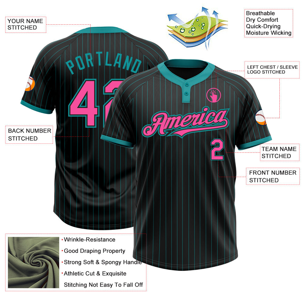 Custom Black Teal Pinstripe Pink Two-Button Unisex Softball Jersey view 3