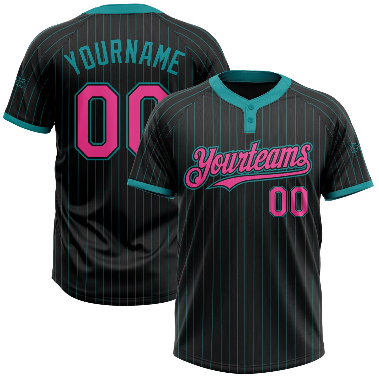 Custom Black Teal Pinstripe Pink Two-Button Unisex Softball Jersey - Main View