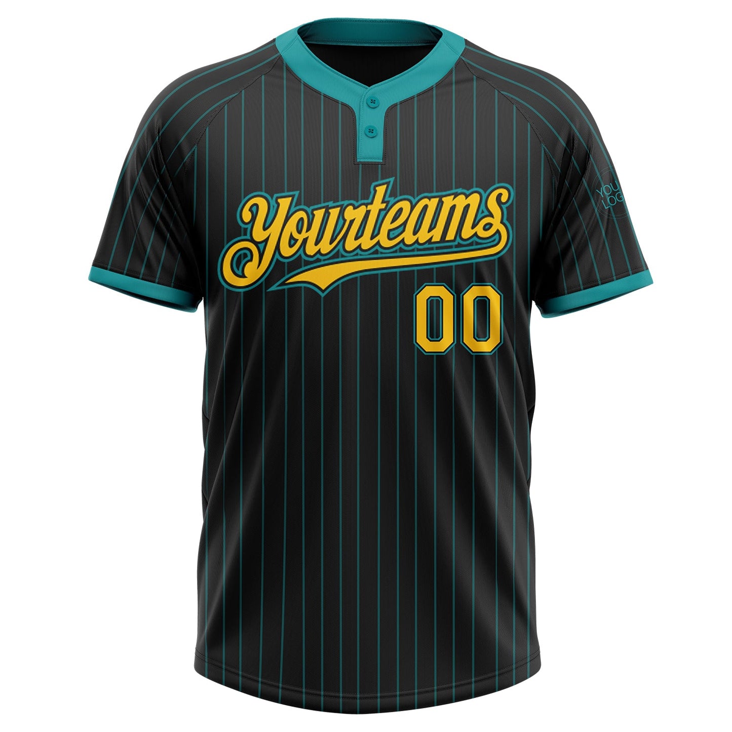 Custom Black Teal Pinstripe Yellow Two-Button Unisex Softball Jersey view 2