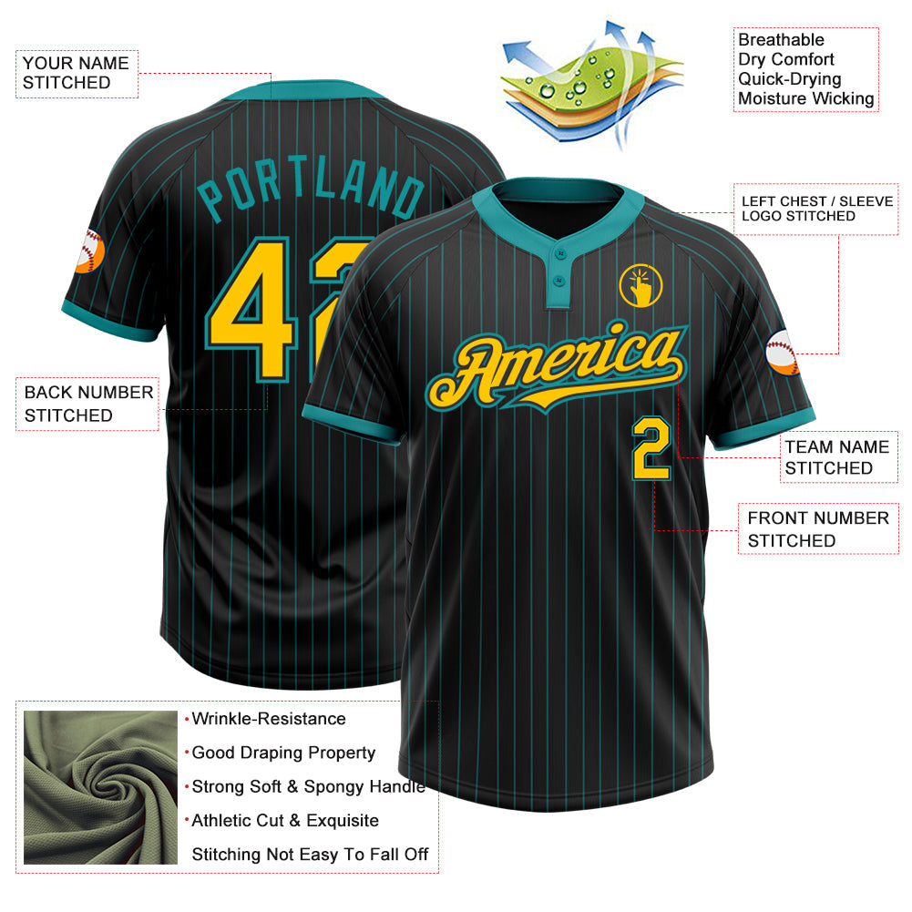 Custom Black Teal Pinstripe Yellow Two-Button Unisex Softball Jersey view 3