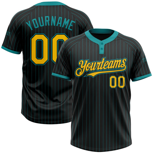 Custom Black Teal Pinstripe Yellow Two-Button Unisex Softball Jersey - Main View