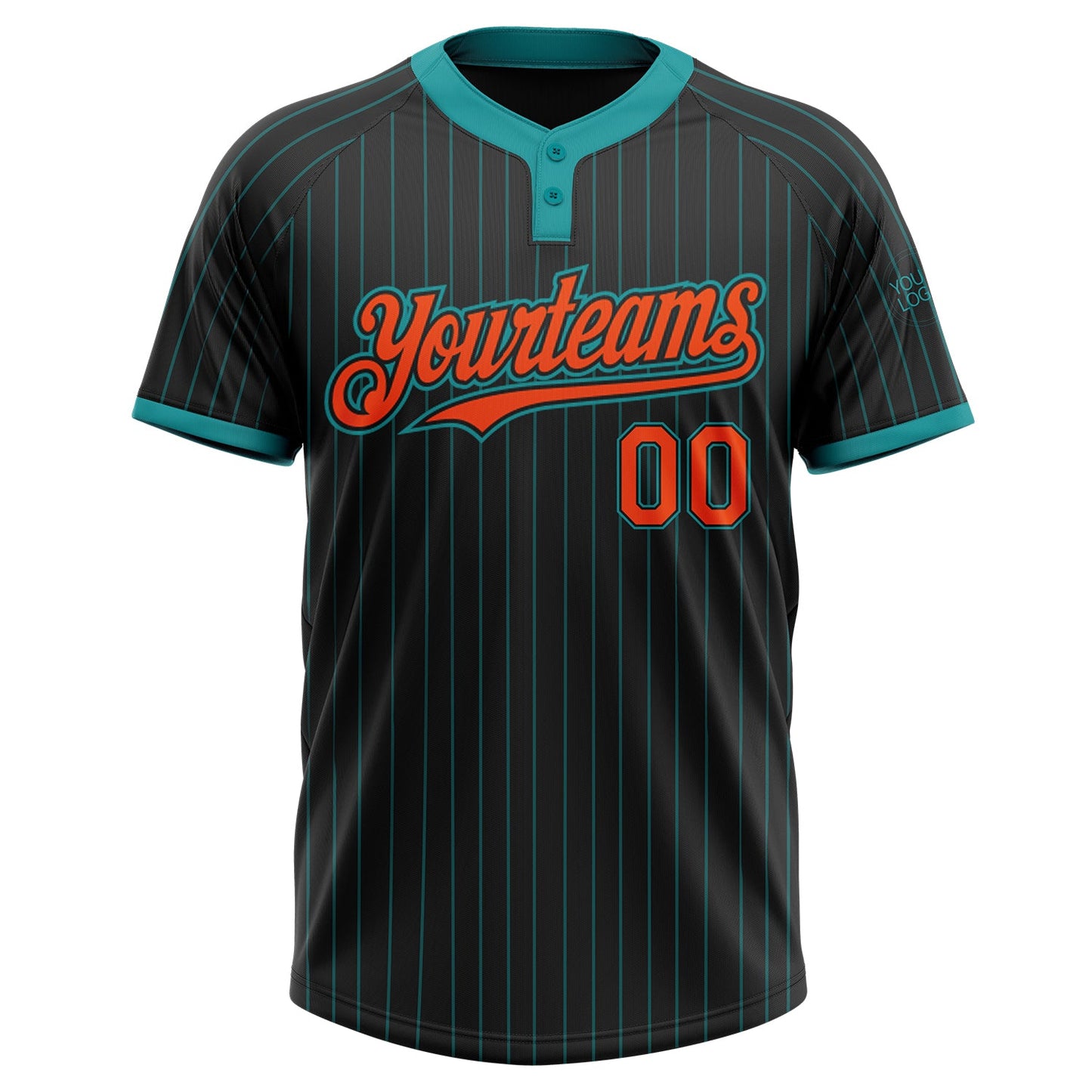 Custom Black Teal Pinstripe Orange Two-Button Unisex Softball Jersey view 2