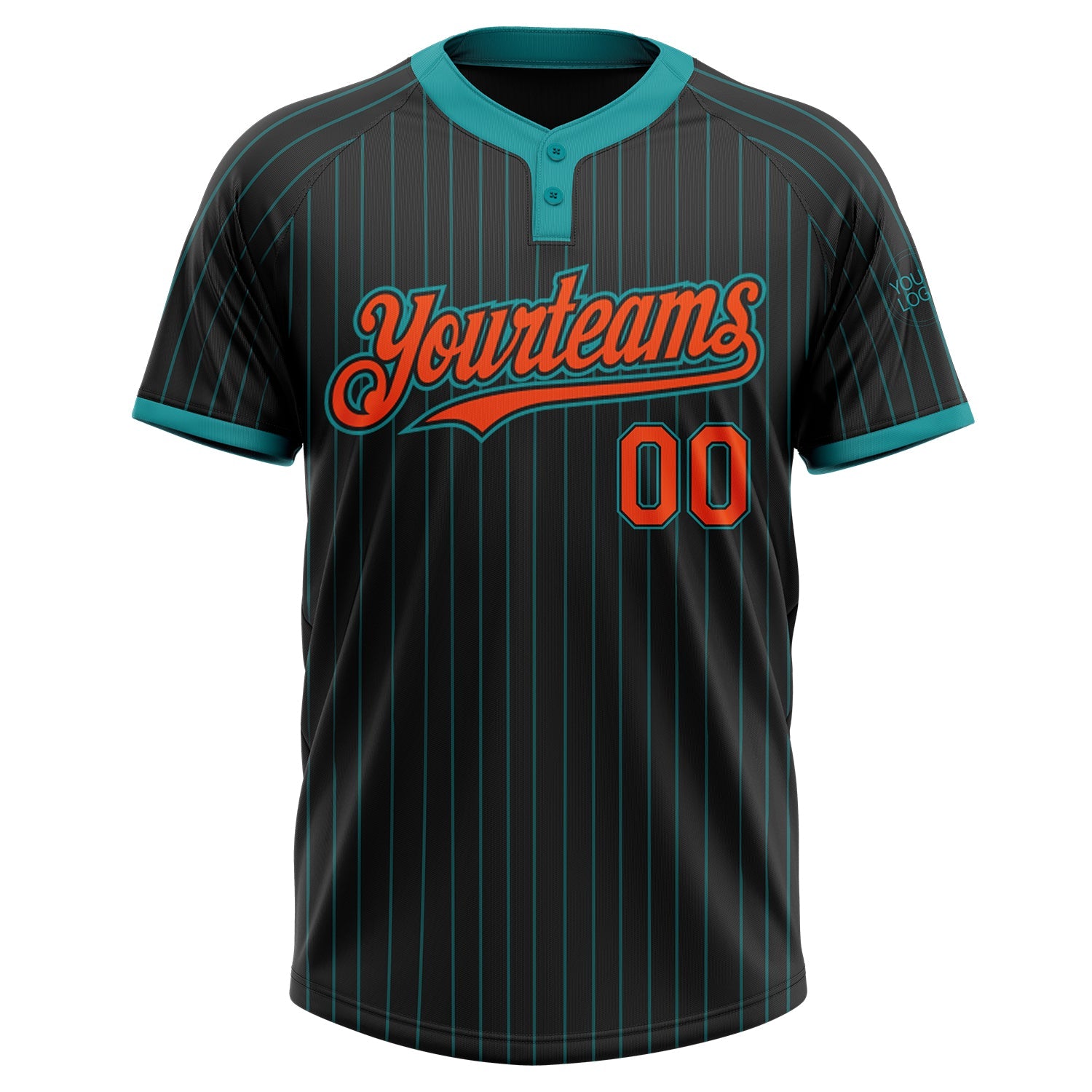 Custom Black Teal Pinstripe Orange Two-Button Unisex Softball Jersey view 2