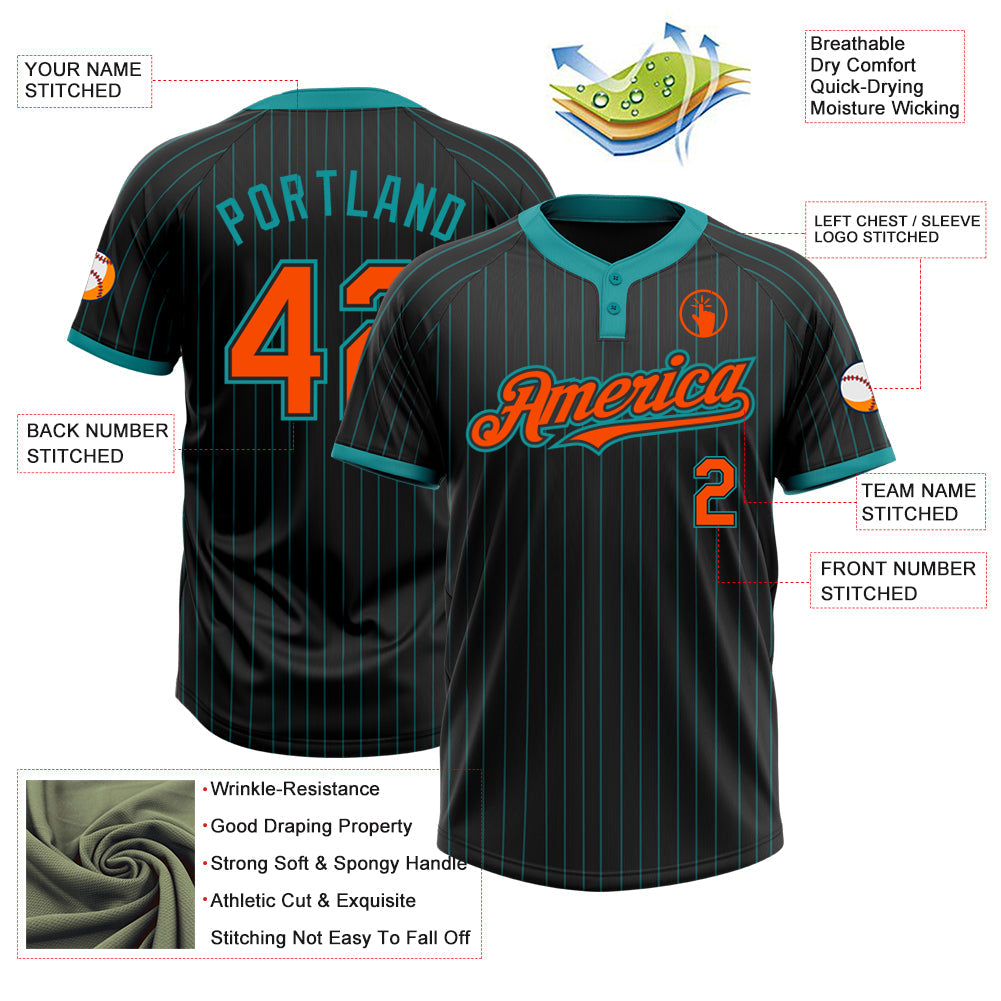 Custom Black Teal Pinstripe Orange Two-Button Unisex Softball Jersey view 3