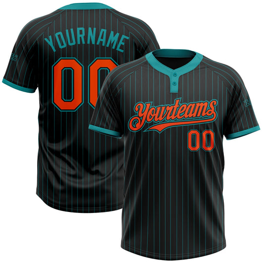 Custom Black Teal Pinstripe Orange Two-Button Unisex Softball Jersey - Main View