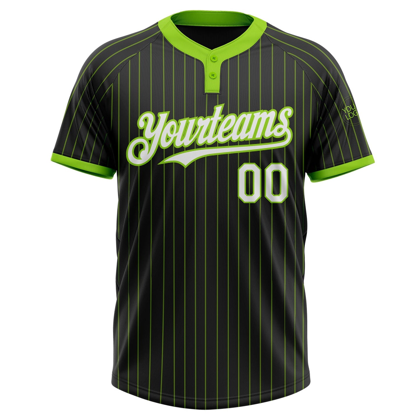 Custom Black Neon Green Pinstripe White Two-Button Unisex Softball Jersey view 2