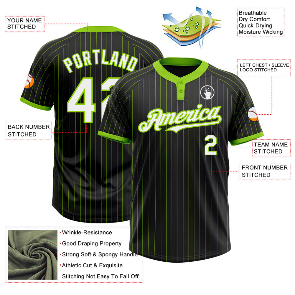 Custom Black Neon Green Pinstripe White Two-Button Unisex Softball Jersey view 3