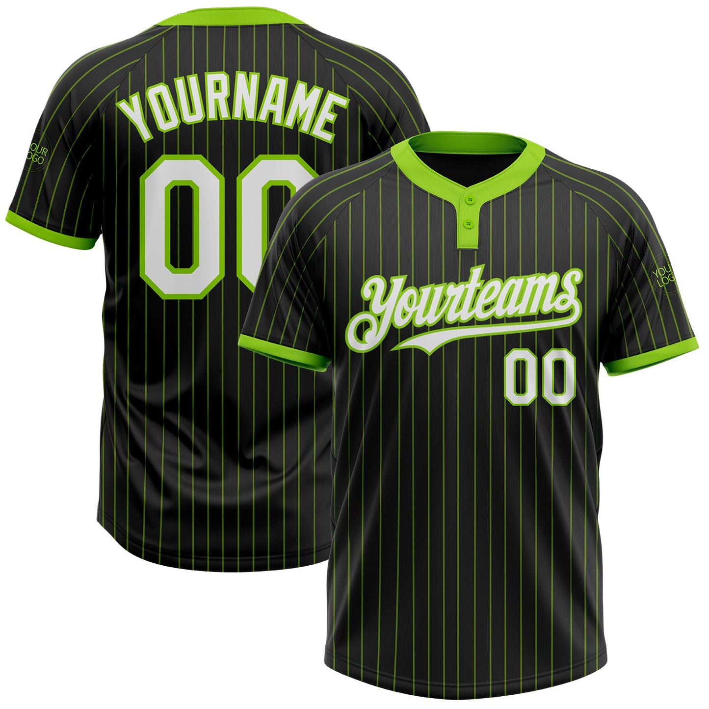 Custom Black Neon Green Pinstripe White Two-Button Unisex Softball Jersey - Main View
