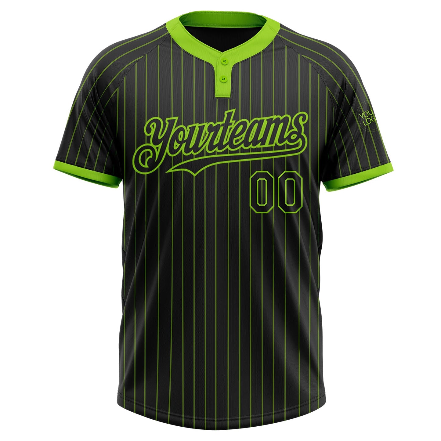 Custom Black Neon Green Pinstripe Neon Green Two-Button Unisex Softball Jersey view 2