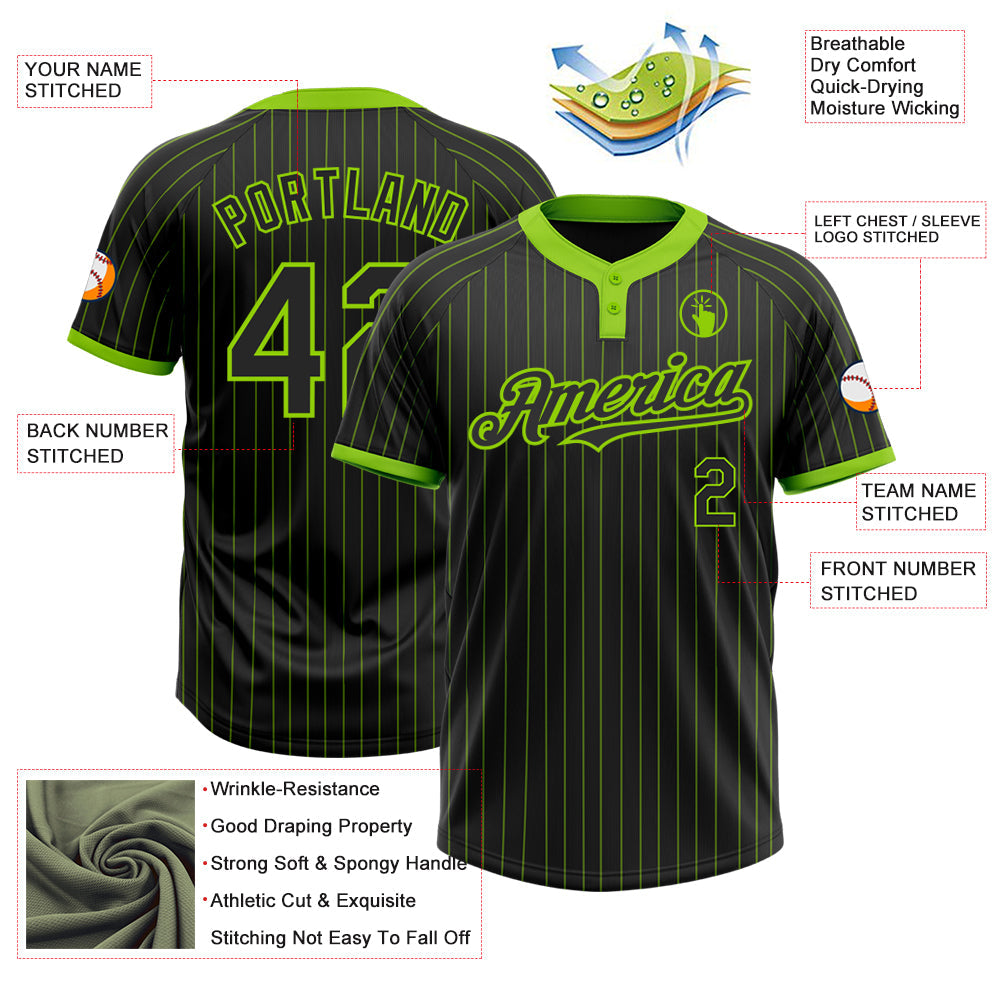 Custom Black Neon Green Pinstripe Neon Green Two-Button Unisex Softball Jersey view 3
