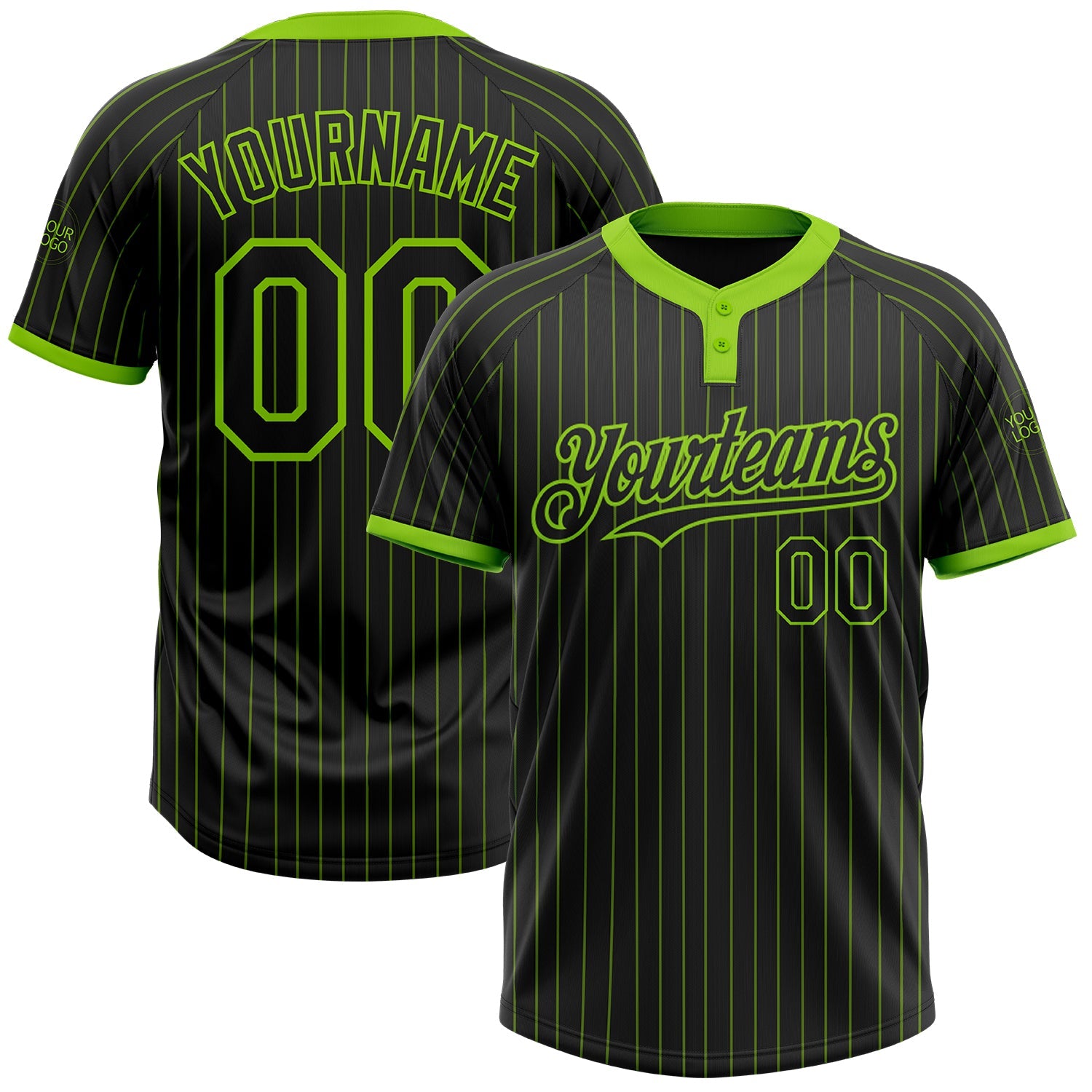 Custom Black Neon Green Pinstripe Neon Green Two-Button Unisex Softball Jersey - Main View