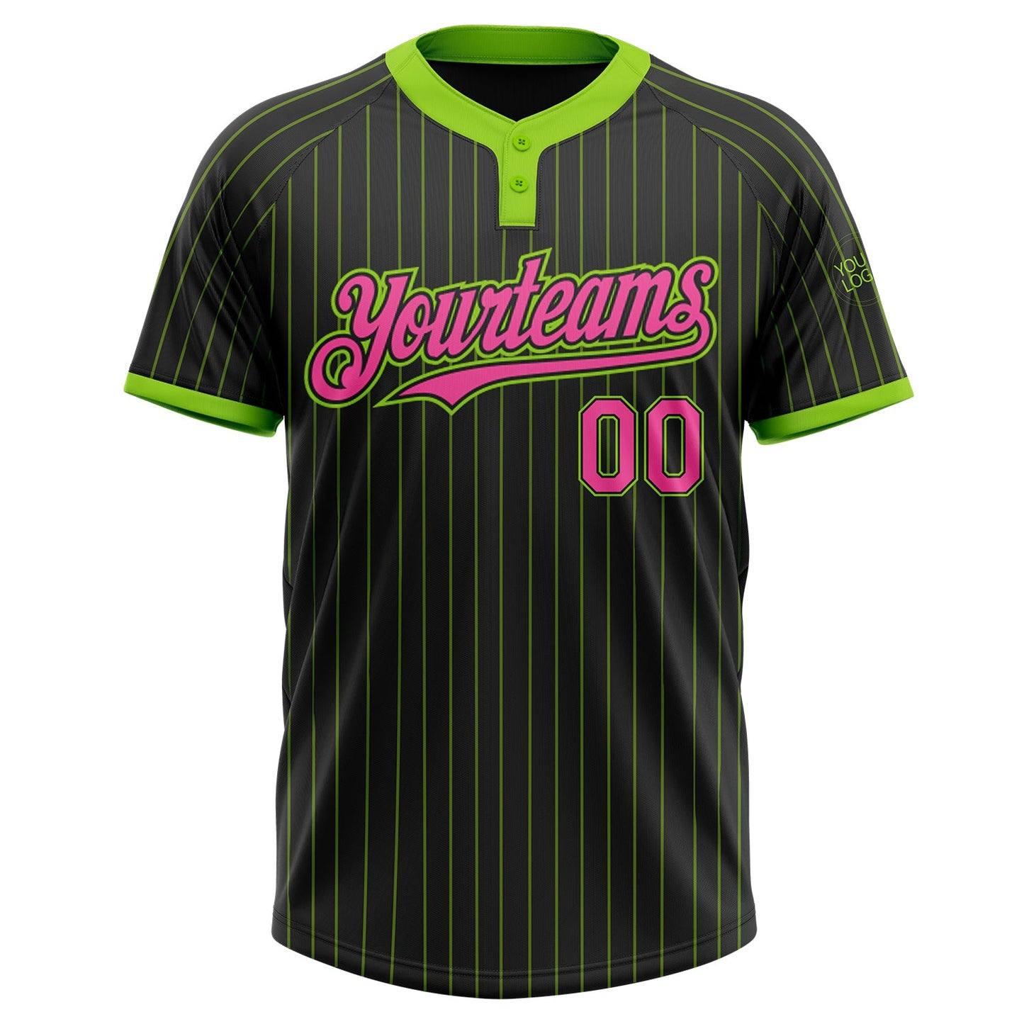 Custom Black Neon Green Pinstripe Pink Two-Button Unisex Softball Jersey view 2