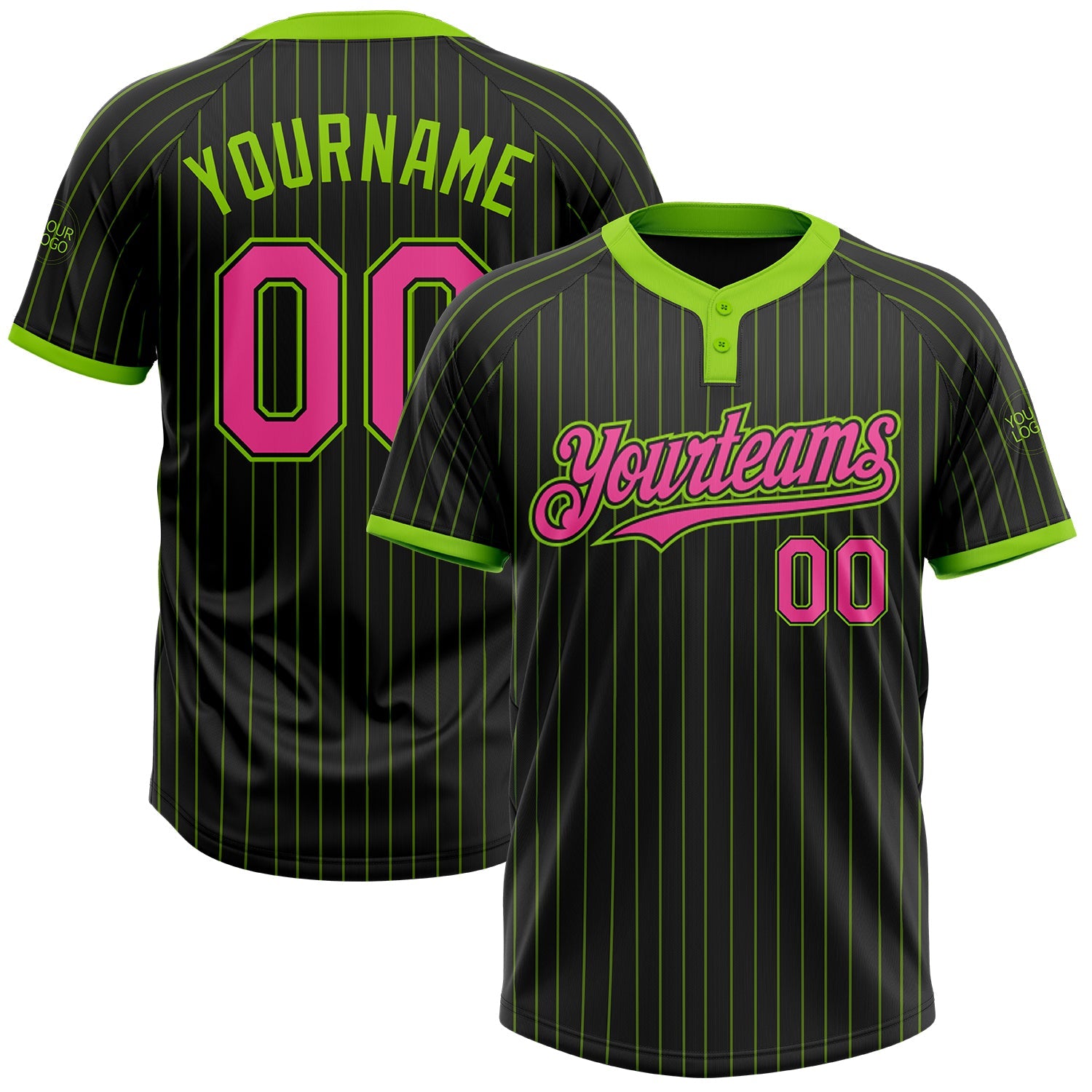 Custom Black Neon Green Pinstripe Pink Two-Button Unisex Softball Jersey - Main View
