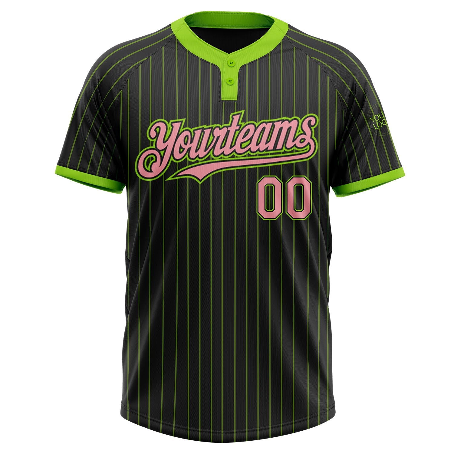 Custom Black Neon Green Pinstripe Medium Pink Two-Button Unisex Softball Jersey view 2