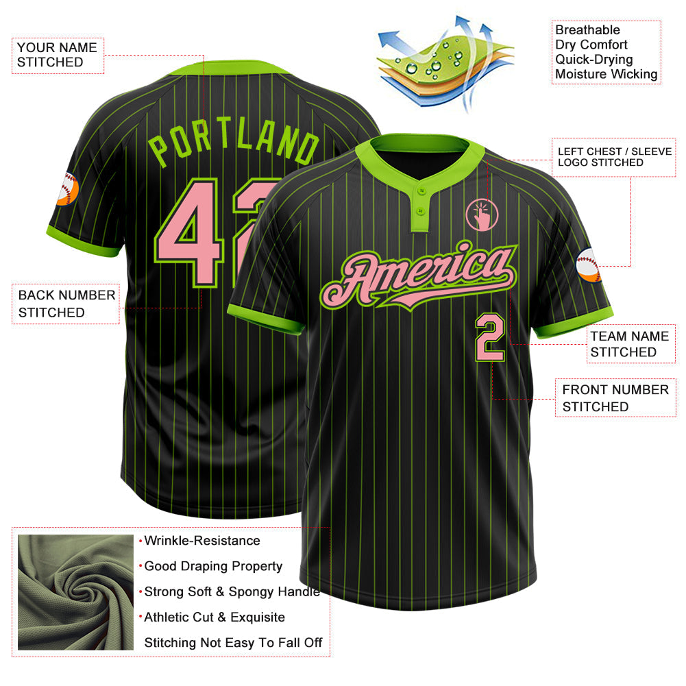 Custom Black Neon Green Pinstripe Medium Pink Two-Button Unisex Softball Jersey view 3