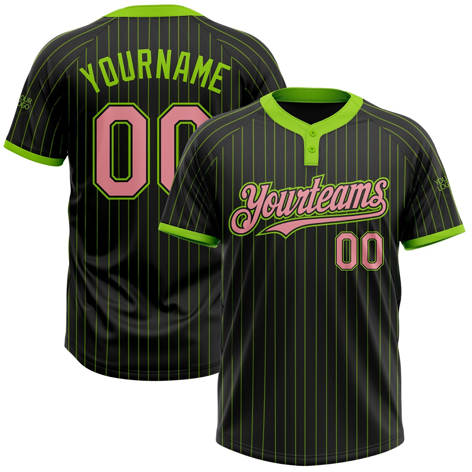 Custom Black Neon Green Pinstripe Medium Pink Two-Button Unisex Softball Jersey - Main View