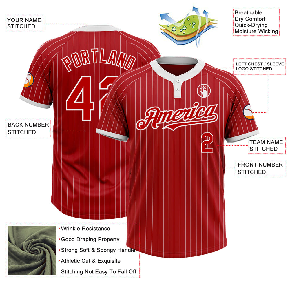 Custom Red White Pinstripe White Two-Button Unisex Softball Jersey view 3