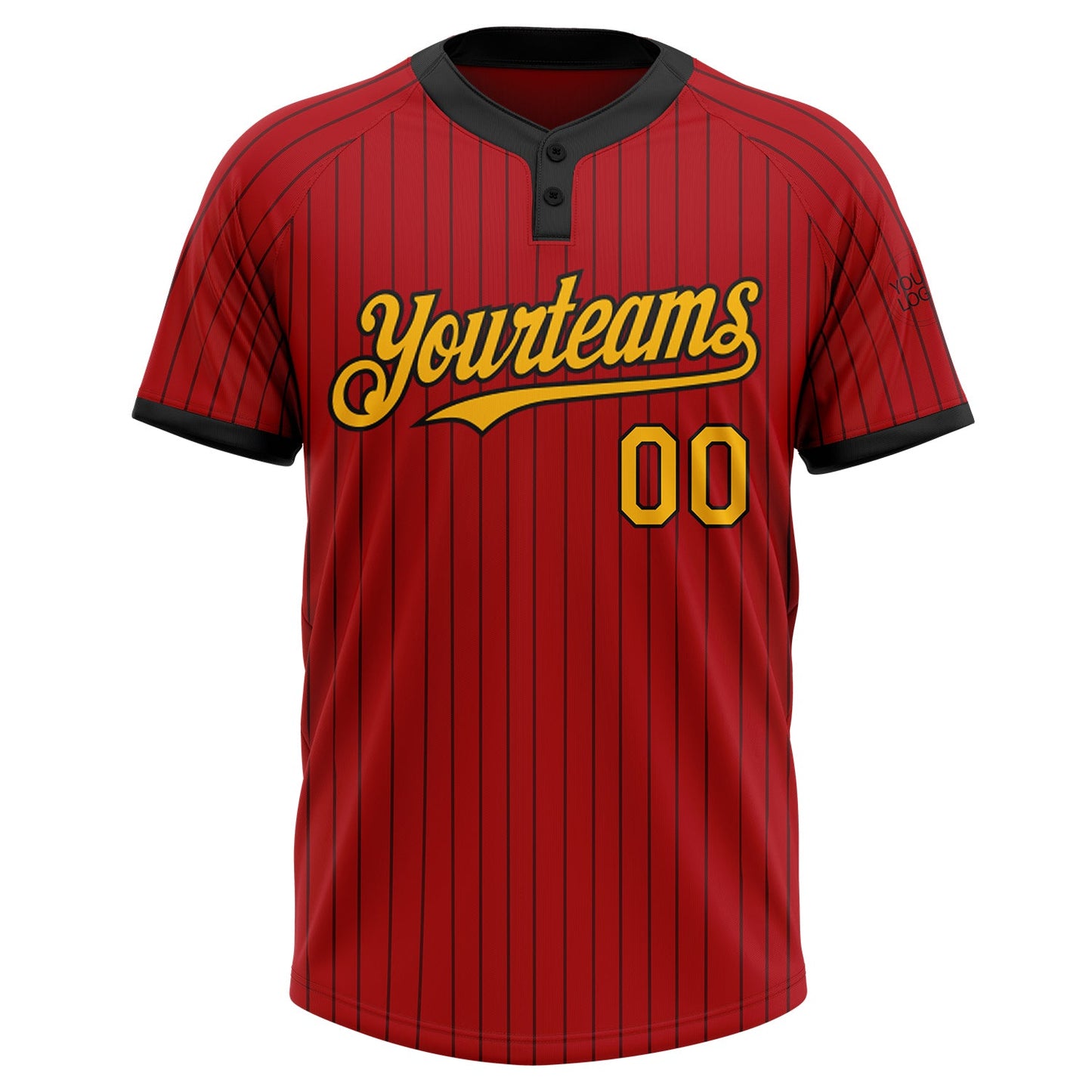 Custom Red Black Pinstripe Gold Two-Button Unisex Softball Jersey view 2