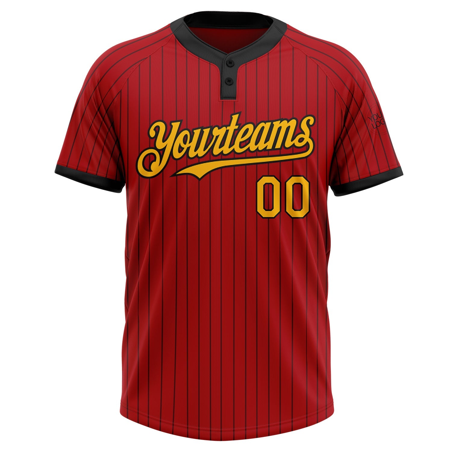 Custom Red Black Pinstripe Gold Two-Button Unisex Softball Jersey view 2