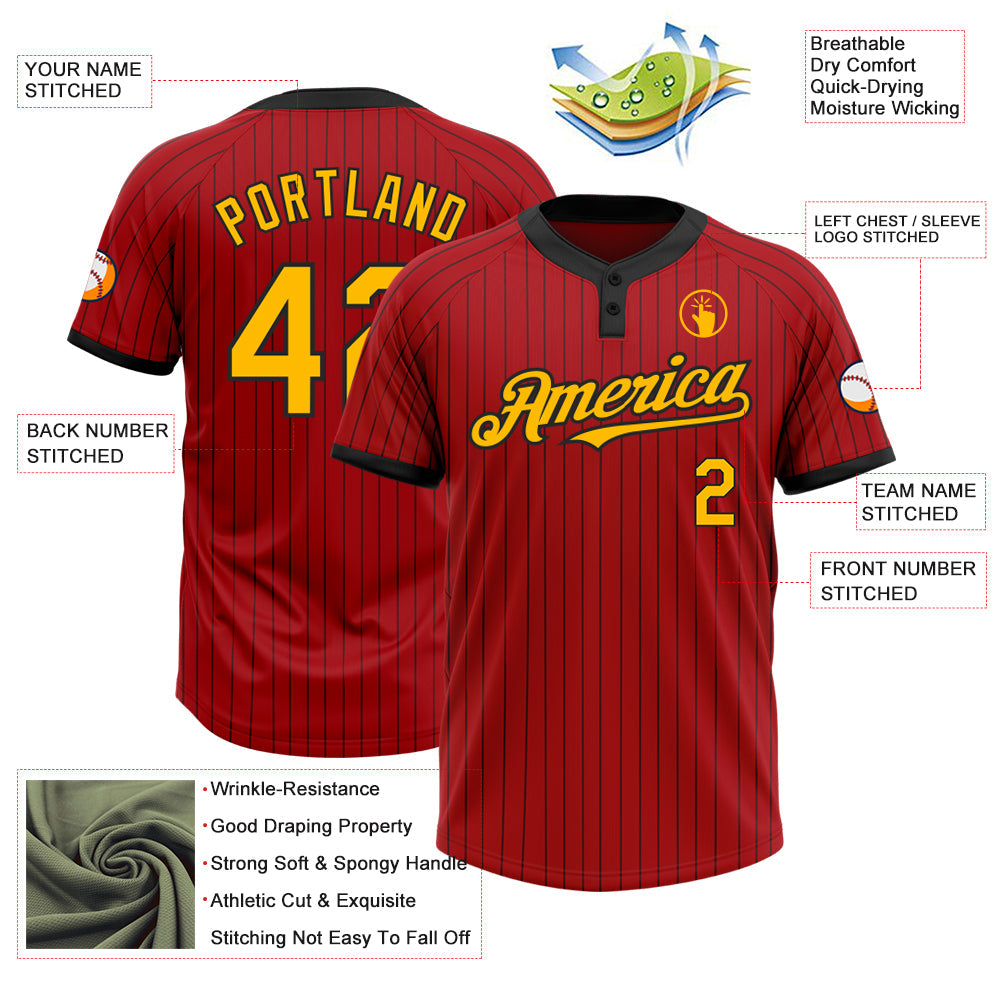 Custom Red Black Pinstripe Gold Two-Button Unisex Softball Jersey view 3