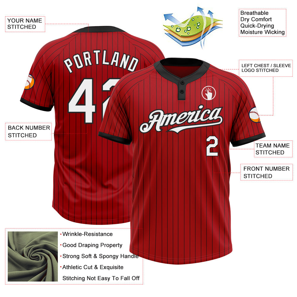 Custom Red Black Pinstripe White Two-Button Unisex Softball Jersey view 3