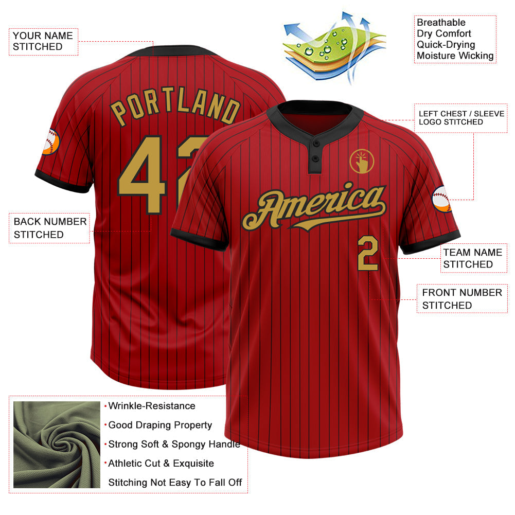 Custom Red Black Pinstripe Old Gold Two-Button Unisex Softball Jersey view 3