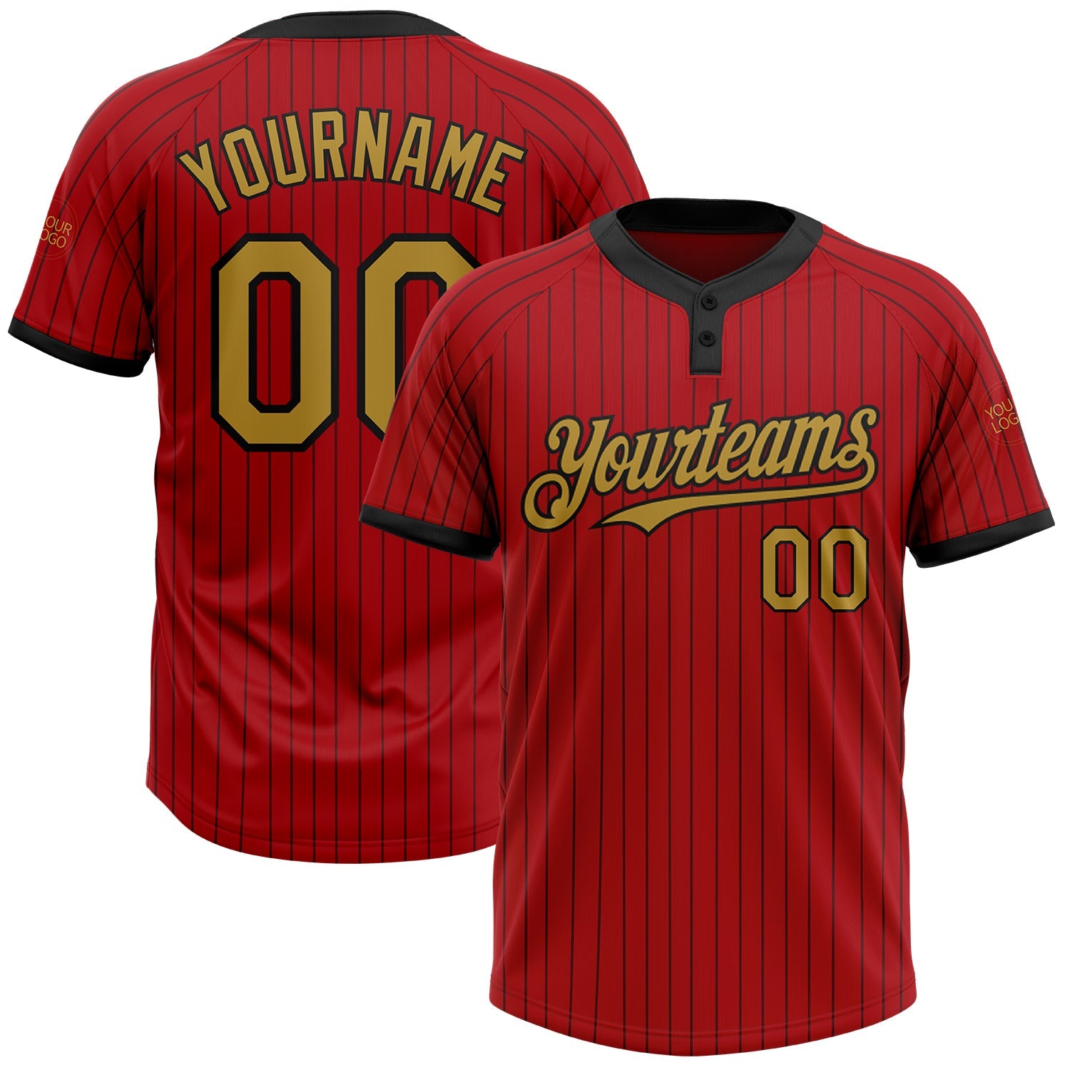 Custom Red Black Pinstripe Old Gold Two-Button Unisex Softball Jersey - Main View