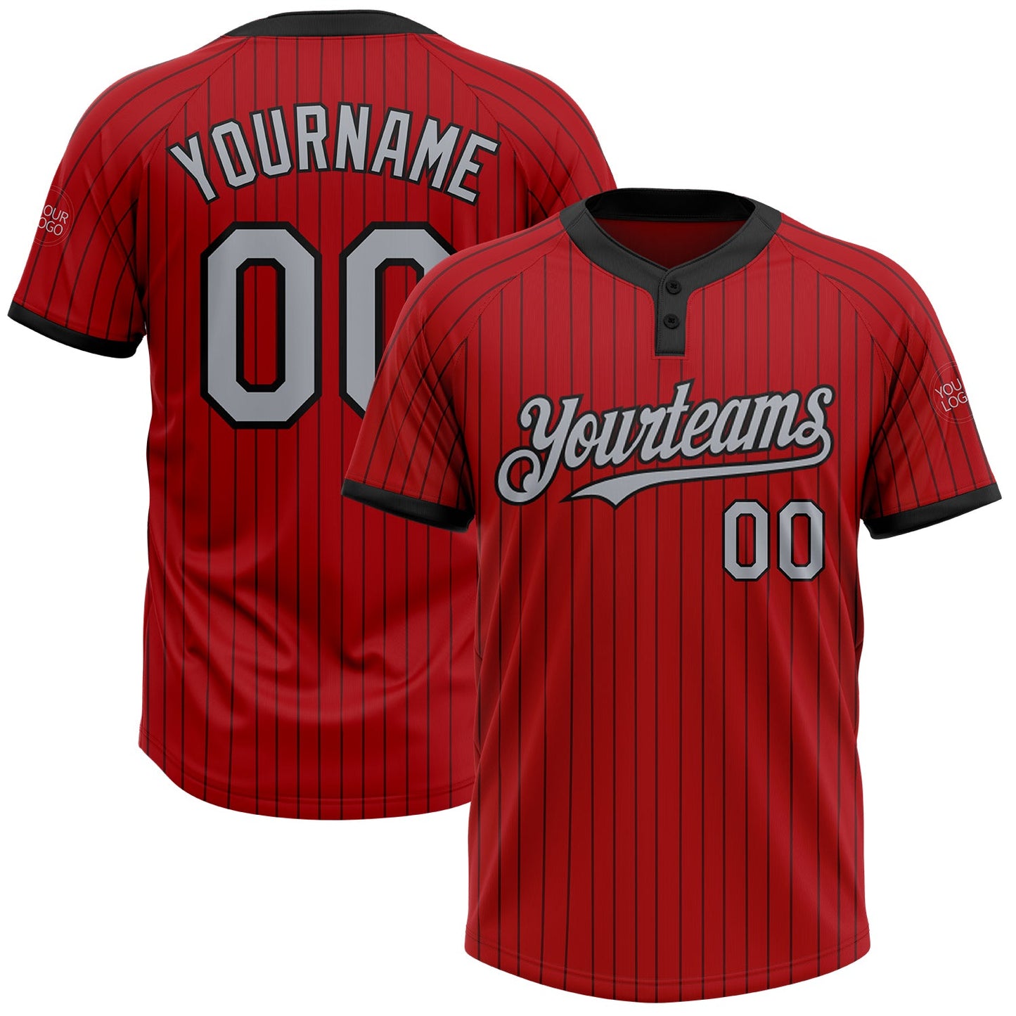 Custom Red Black Pinstripe Gray Two-Button Unisex Softball Jersey - Main View
