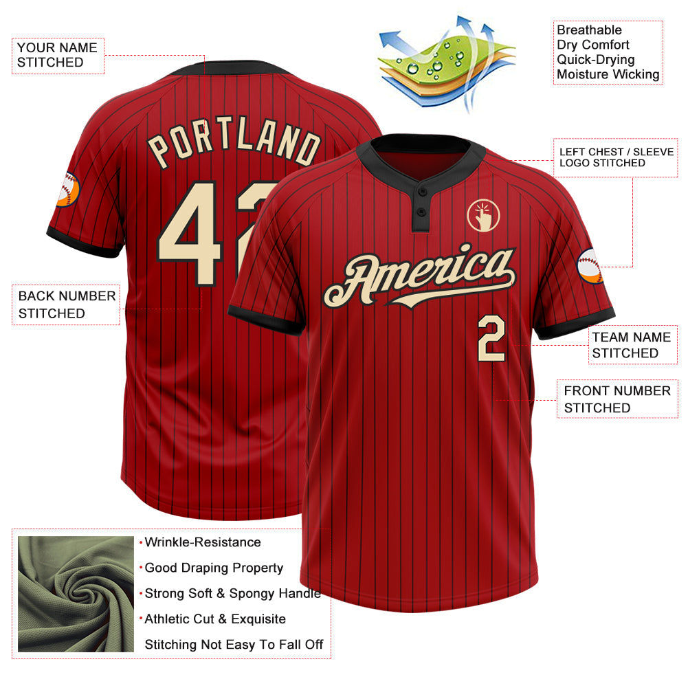Custom Red Black Pinstripe Cream Two-Button Unisex Softball Jersey view 3