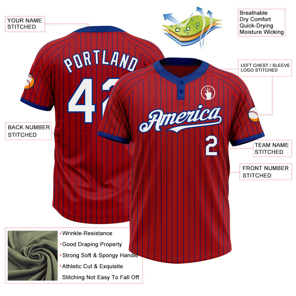 Custom Red Royal Pinstripe White Two-Button Unisex Softball Jersey view 3