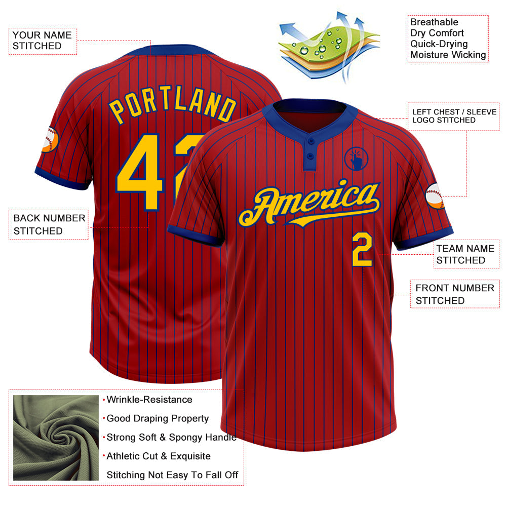 Custom Red Royal Pinstripe Yellow Two-Button Unisex Softball Jersey view 3