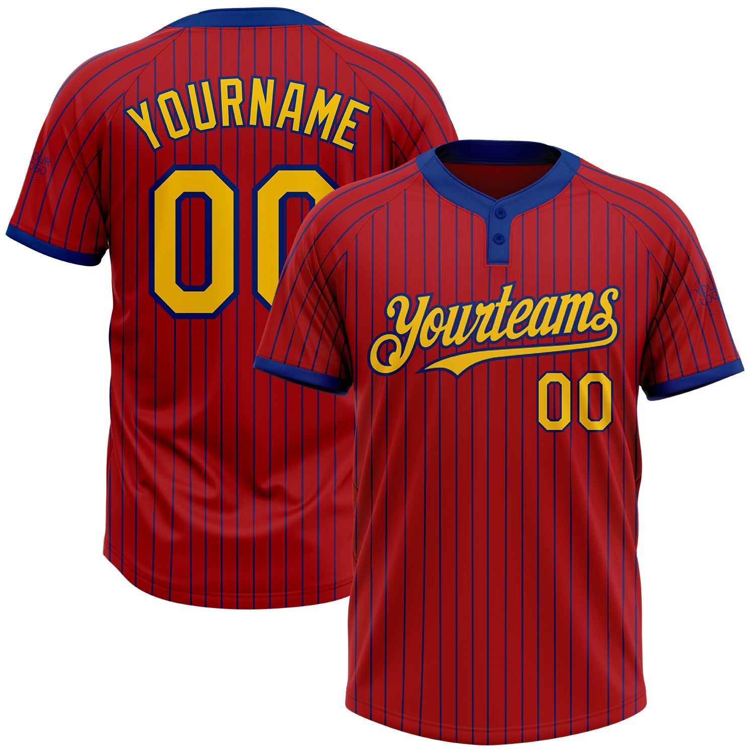 Custom Red Royal Pinstripe Yellow Two-Button Unisex Softball Jersey - Main View