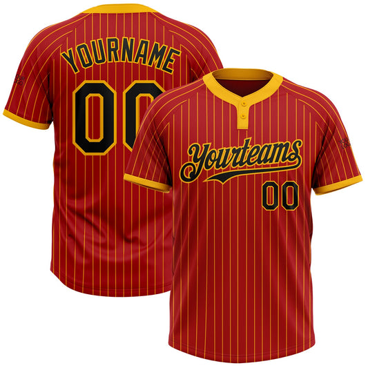 Custom Red Gold Pinstripe Black Two-Button Unisex Softball Jersey - Main View