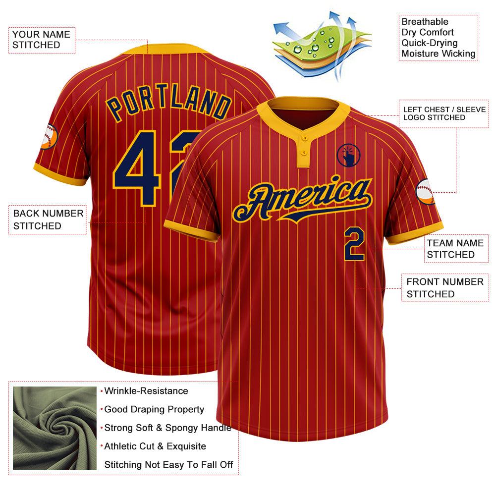 Custom Red Gold Pinstripe Navy Two-Button Unisex Softball Jersey view 3