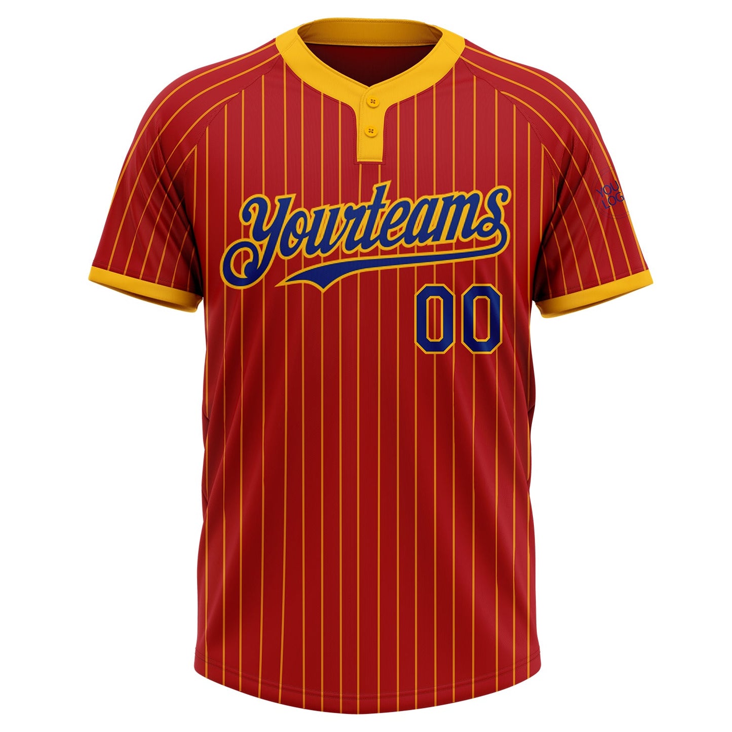 Custom Red Gold Pinstripe Royal Two-Button Unisex Softball Jersey view 2