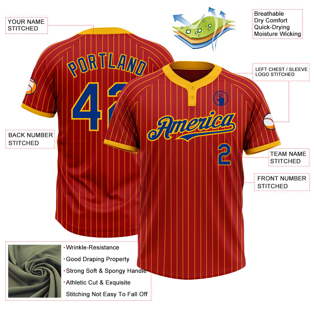 Custom Red Gold Pinstripe Royal Two-Button Unisex Softball Jersey view 3