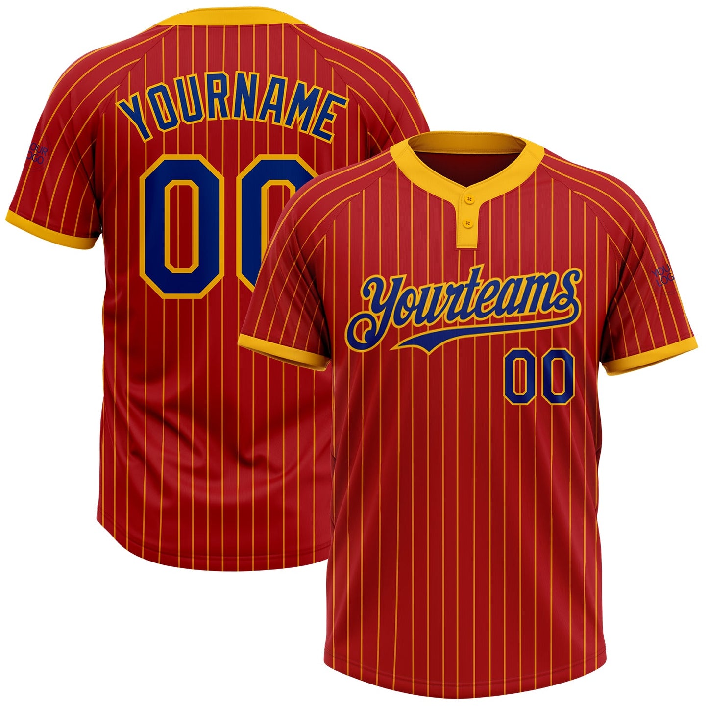 Custom Red Gold Pinstripe Royal Two-Button Unisex Softball Jersey - Main View