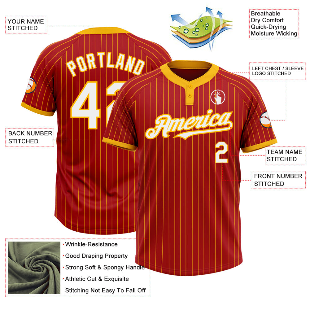 Custom Red Gold Pinstripe White Two-Button Unisex Softball Jersey view 3