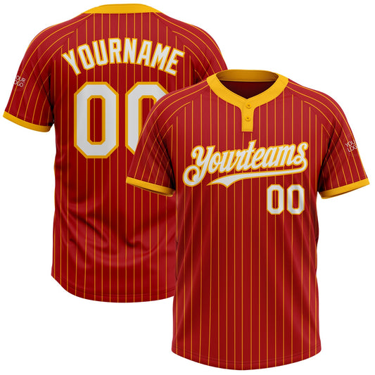 Custom Red Gold Pinstripe White Two-Button Unisex Softball Jersey - Main View