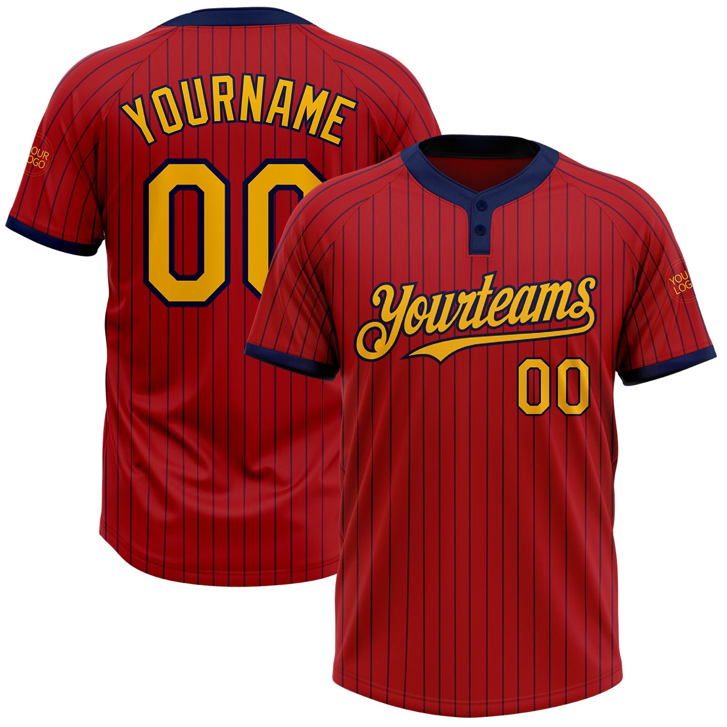 Custom Red Navy Pinstripe Gold Two-Button Unisex Softball Jersey - Main View