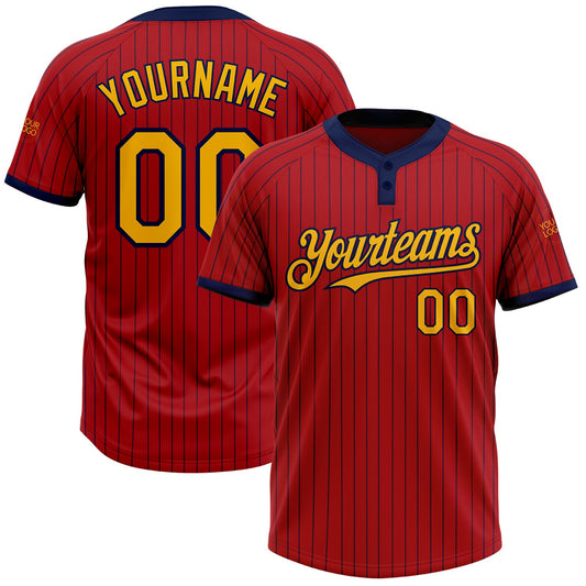 Custom Red Navy Pinstripe Gold Two-Button Unisex Softball Jersey - Main View
