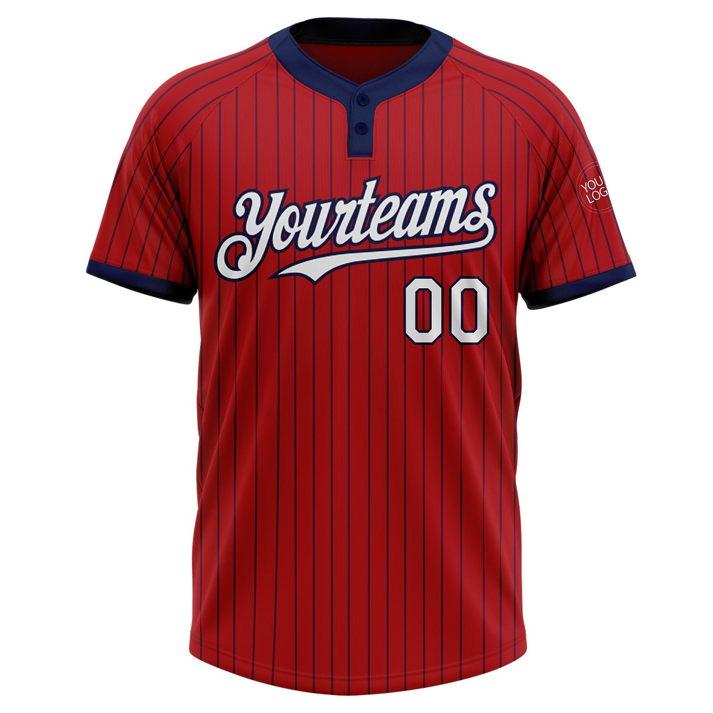 Custom Red Navy Pinstripe White Two-Button Unisex Softball Jersey view 2