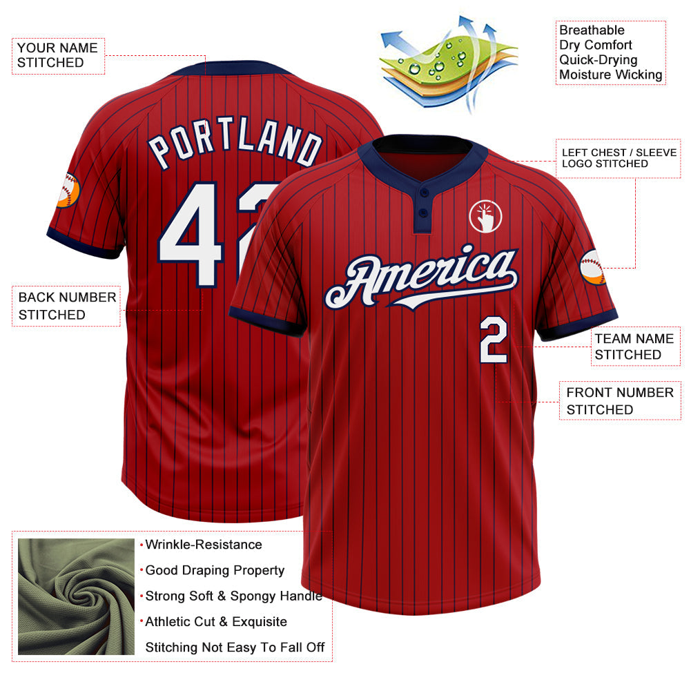 Custom Red Navy Pinstripe White Two-Button Unisex Softball Jersey view 3